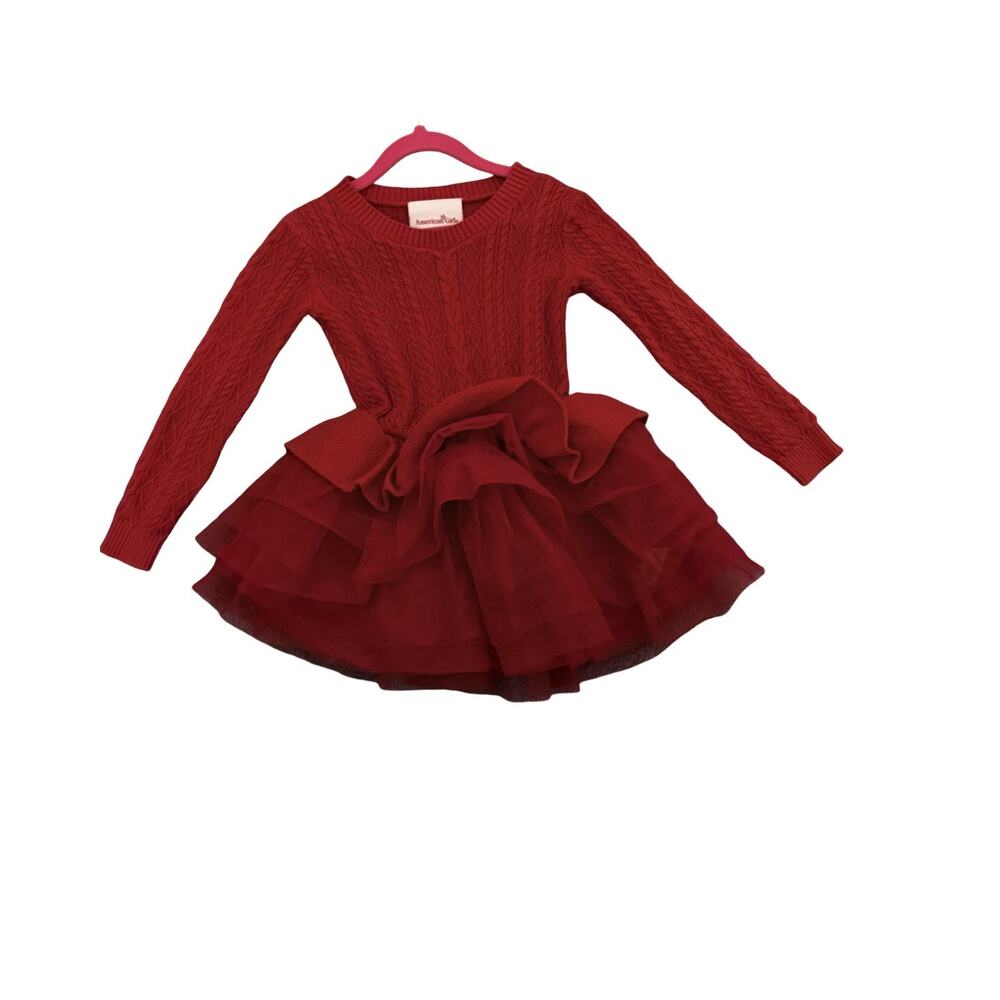 American Girl Dress Girls Size 5 Red Sweater Dress Tulle Ruffle Skirt Long Sleev